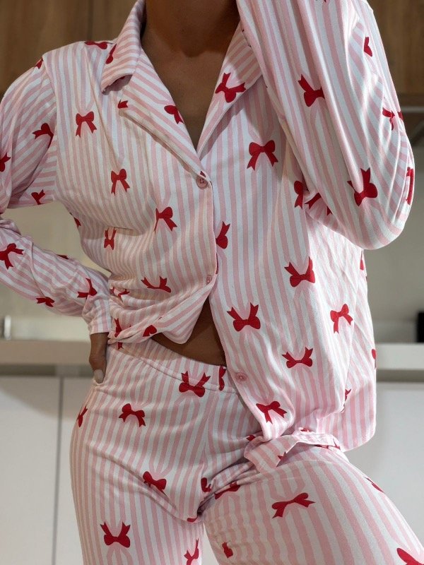 Producto - Pijama largo camisero Catalina moñitos -preventa precio especial-