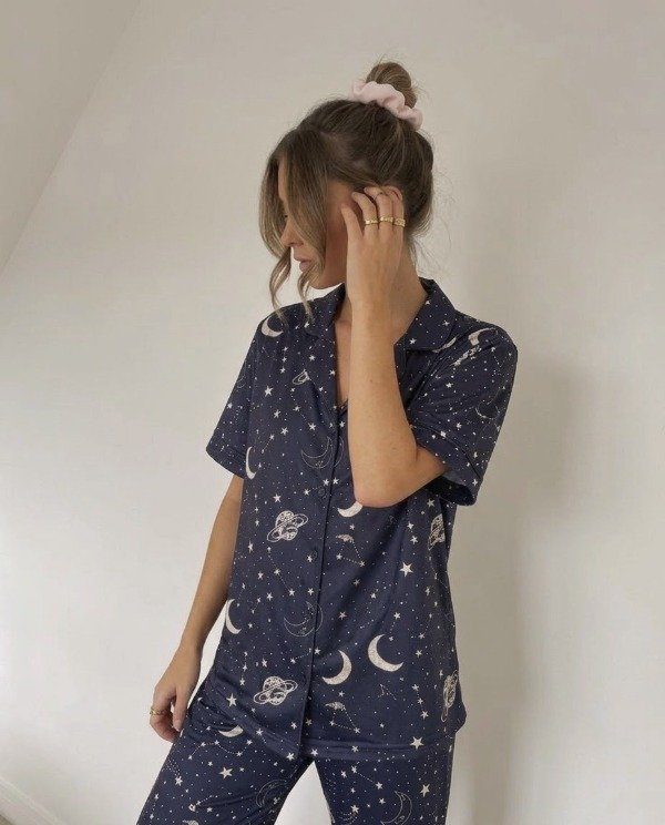 Producto - Pijama camisero largo mangas cortas - Azul espacio - 1