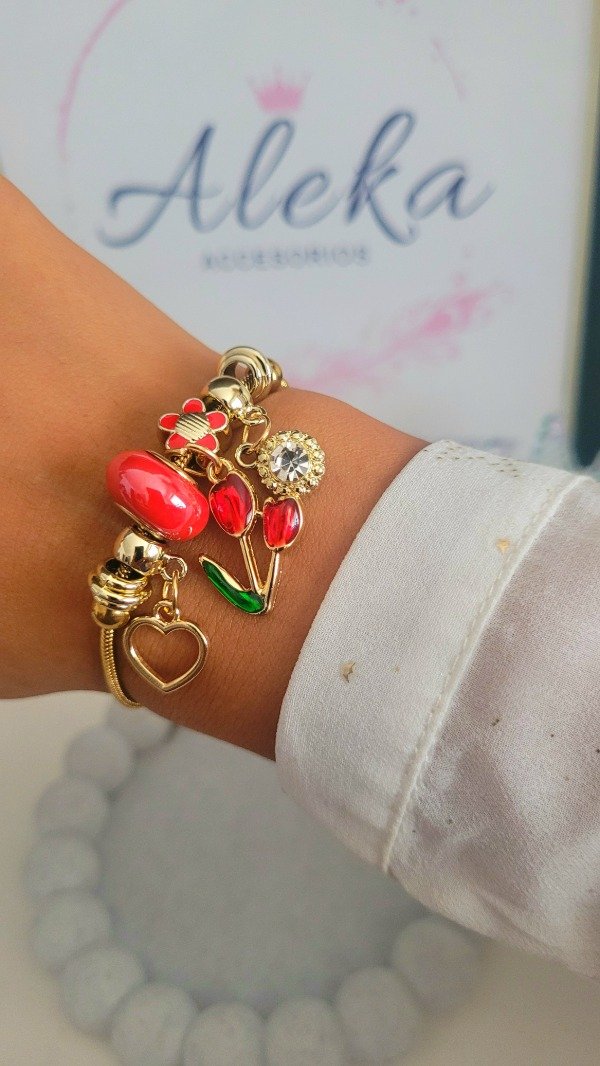 Producto - Pulsera pandora corbatin tulipán rojo de acero dorado