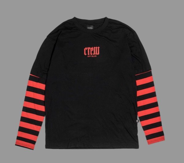Producto - camiseta CREW mangas rayadas rojas y negras HK
