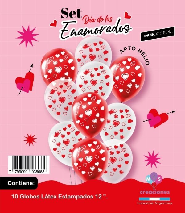 Producto - Set x10 globos latex impresos rojos y blancos con corazones