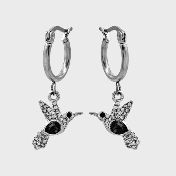 Producto - Argollas de acero quirúrgico con dije - Brillo - Colibri negro