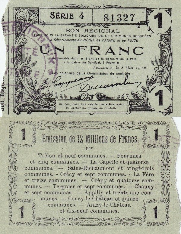 Producto - Comunas Ocupadas de Francia - 1 Franco (1916) - Primera Guerra Mundial