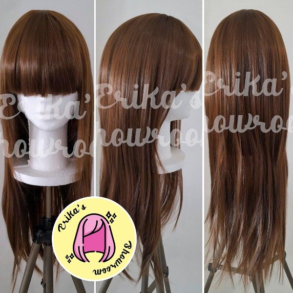 Producto - Peluca larga lacia con flequillo castaño 6