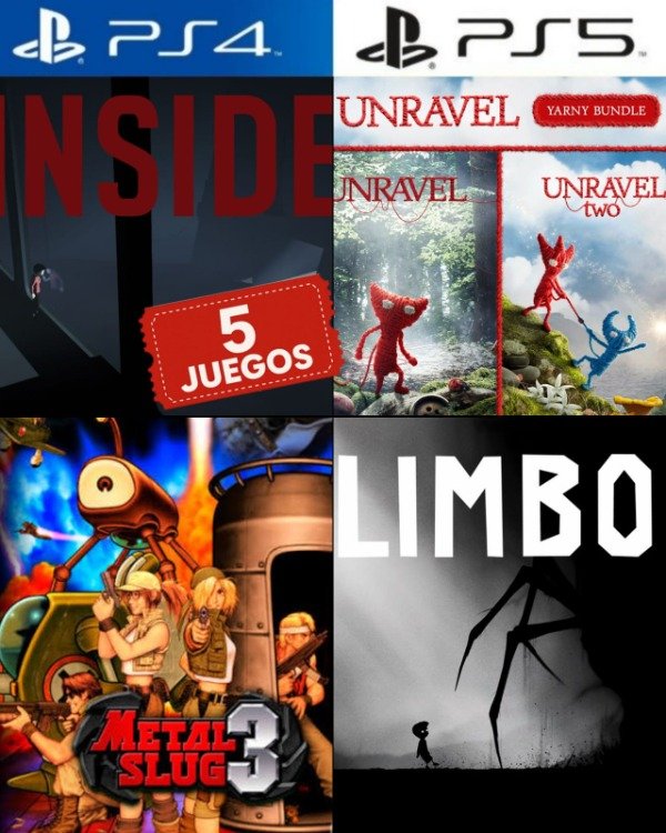 Producto - Pack 5 Juegos Indie - Inside / Limbo / Unravel / Metal Slug 3 - Ps4 - Ps5