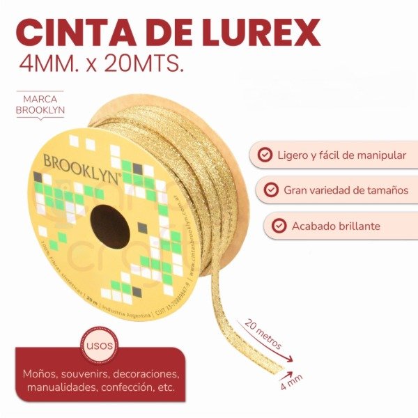 Producto - Cinta dorado Lurex Brooklyn - 4 mm x 20 metros