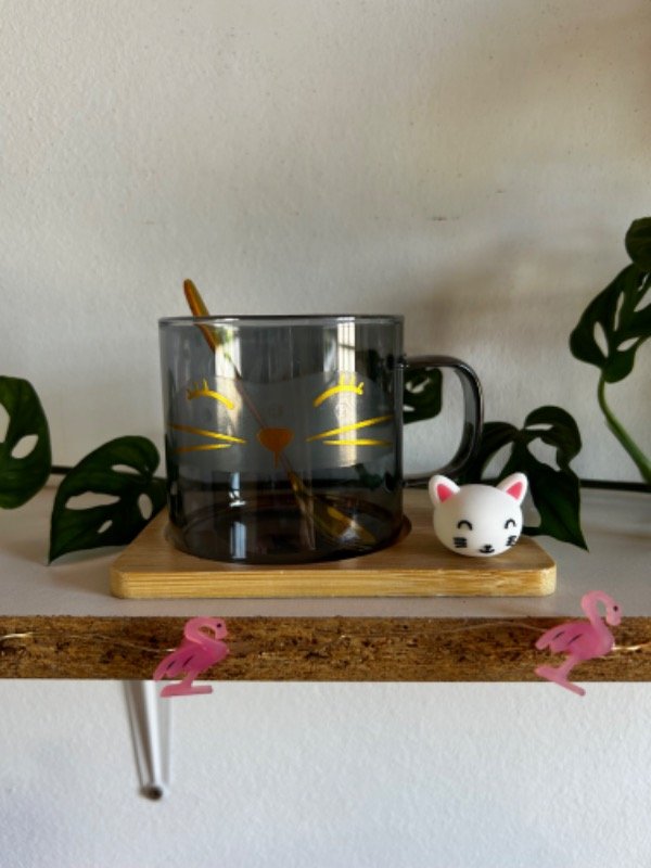 Producto - Taza gatito con cucharita y plato de bambú
