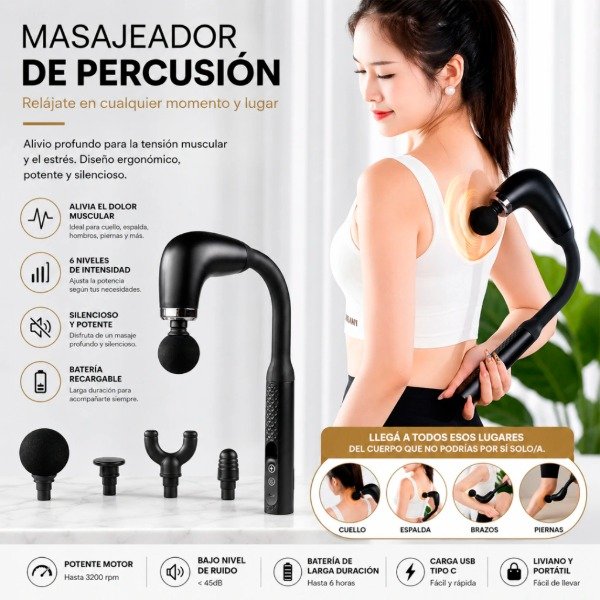 Producto - Masajeador espalda con mango, varias velocidades y accesorios - 0
