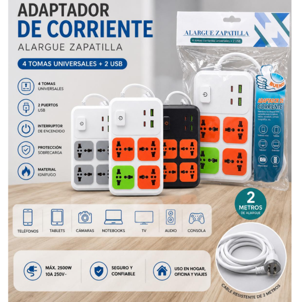 Producto - Prolongador 2 mts 4 Tomas + 2 USB + 2 Tipo C - 1