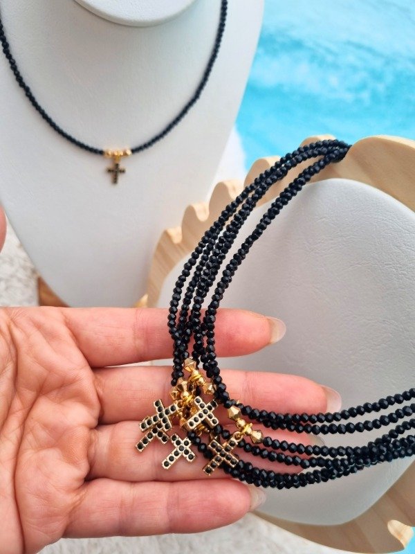 Producto - CHOKER CRISTAL MINI Y CRUZ DE STRASS NEGRO