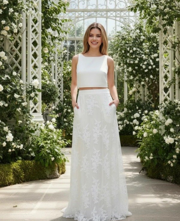 Vestido novia estilo top y falda bolsillos con lentejuelas