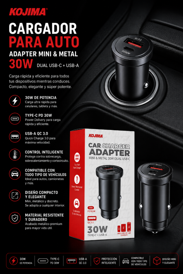 Producto - Cargador Kojima Type-C X2 Embutido 30W PD + QC3.0