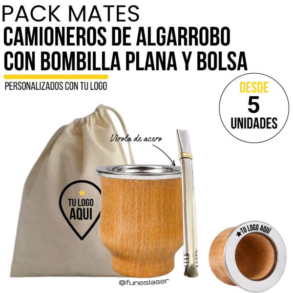 Producto - Pack Mates Camioneros de Algarrobo + Bombilla Plana + Bolsa de lienzo - 0