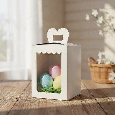 Producto - Caja Huevo Pascua Entero  Hasta 16 cm  BLANCO C/VISOR 14,5x14,5x17,5