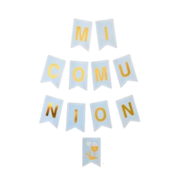 Producto - Banderin stamping MI COMUNION color celeste letra dorada