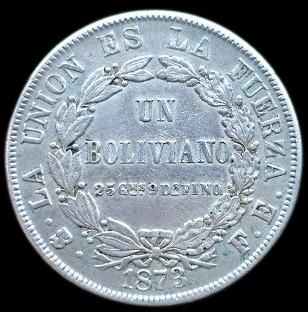 Producto - Bolivia 1 Boliviano 1873 Escudo de Armas Km#160.1 VF