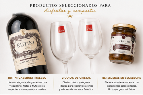 Producto - Caja de Regalo Rutini Cabernet Malbec + 2 Copas y Delicatessen - 6