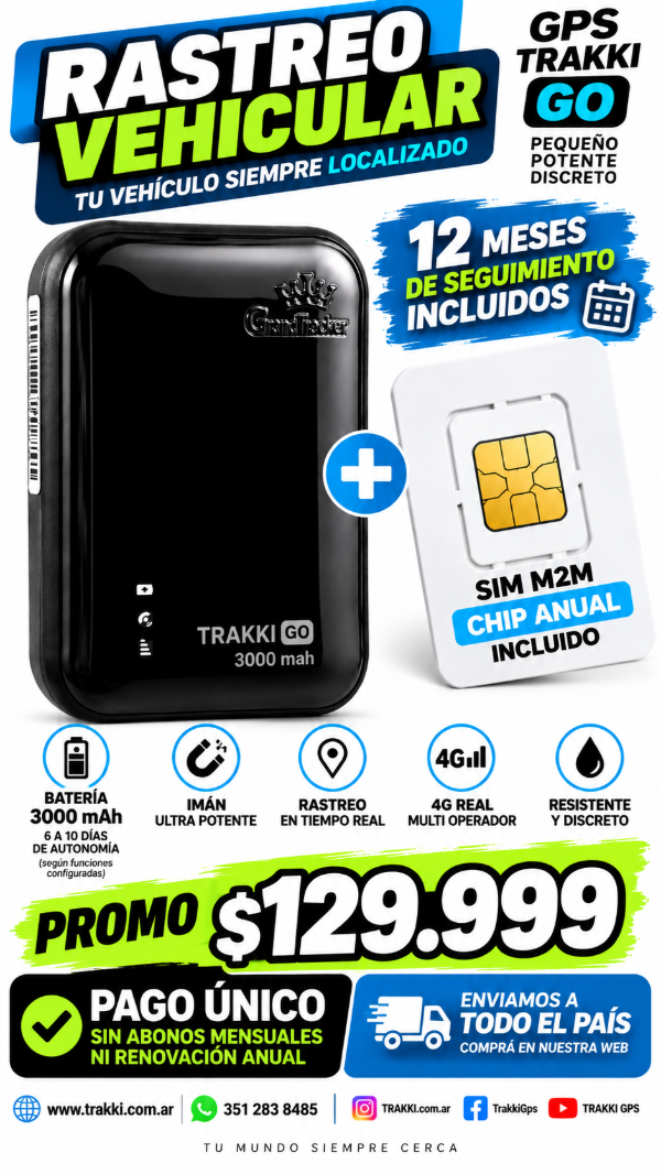 Producto - GPS TRAKKI GO 4G Vehicular + Chip M2M Anual + 12 Meses de Seguimiento - 1