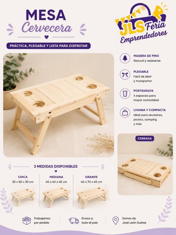 Producto - Mesa Cervecera Plegable de Pino con Portavasos