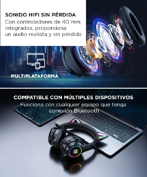 Producto - Auricular c/microfono -wireless -bt 5.3 -bat. 800mAh -diseño de orejas De Gato - 2