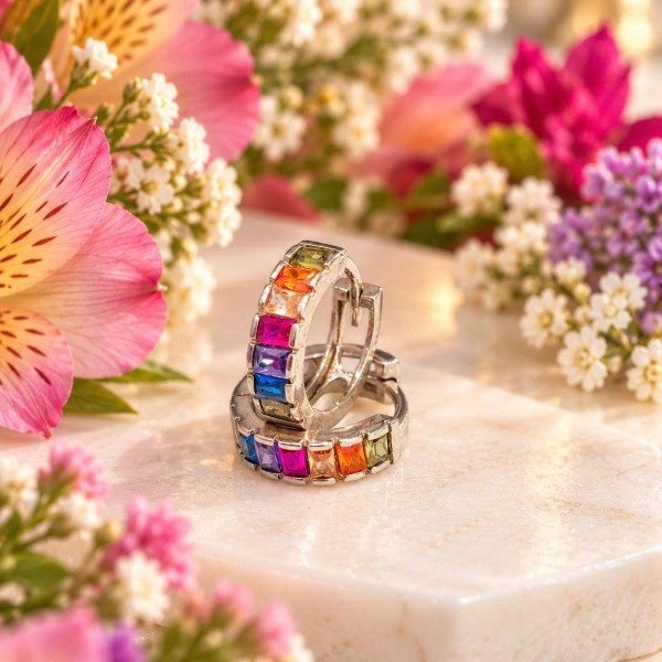 Producto - Aros Argollas Piedras Baguettes Multicolor Plata 925