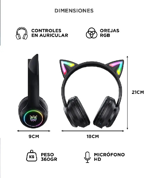 Producto - Auricular c/microfono -wireless -bt 5.3 -bat. 800mAh -diseño de orejas De Gato - 3