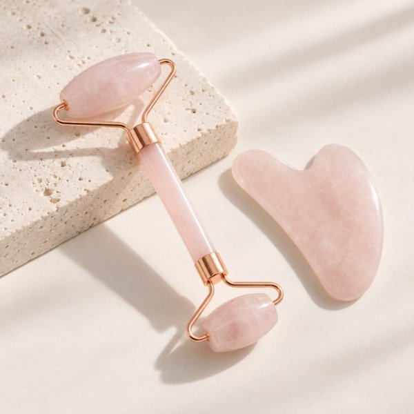 Producto - Kit Masajeador Facial jade: Roller + Gua Sha rosa