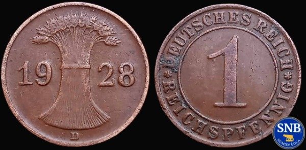 Producto - Alemania - República de Weimar - 1 Pfennig (1928 D) KM #37 [VF-]