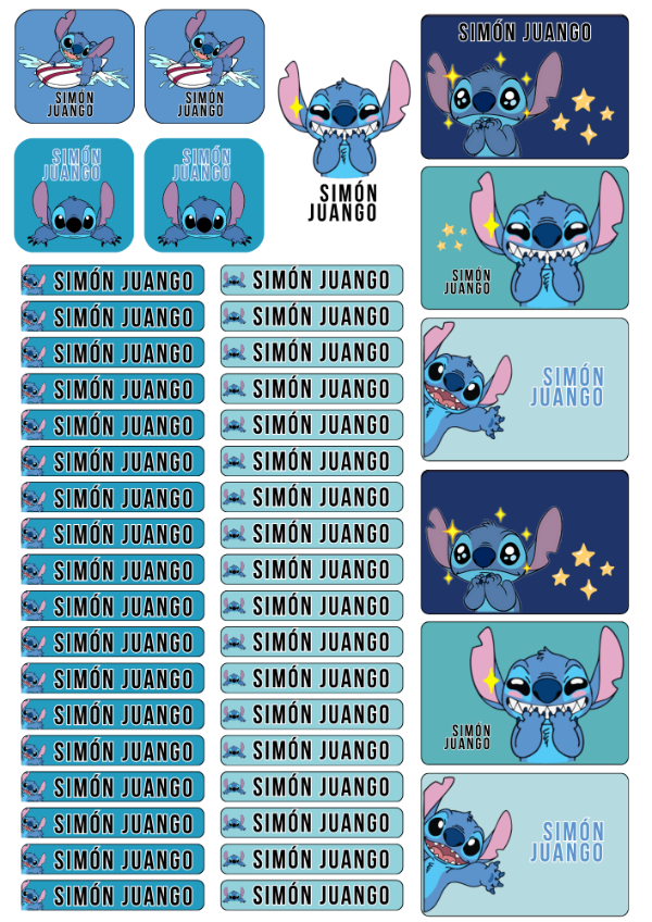 Producto - Stitch tonos azules Etiquetas Personalizadas escolares para lápices x24