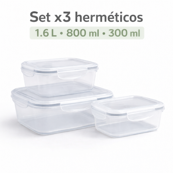 Producto - Set Herméticos Plásticos x3 con Cierre Contenedores 1.6L 800ml 300ml