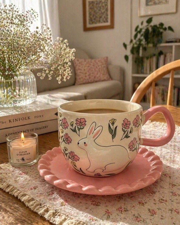 Producto - Taza con plato rabbits and flowers
