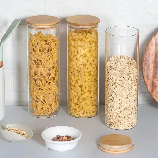 Producto - Frasco De Vidrio Con Tapa De Bambú Para Fideos 1500ml 30cm