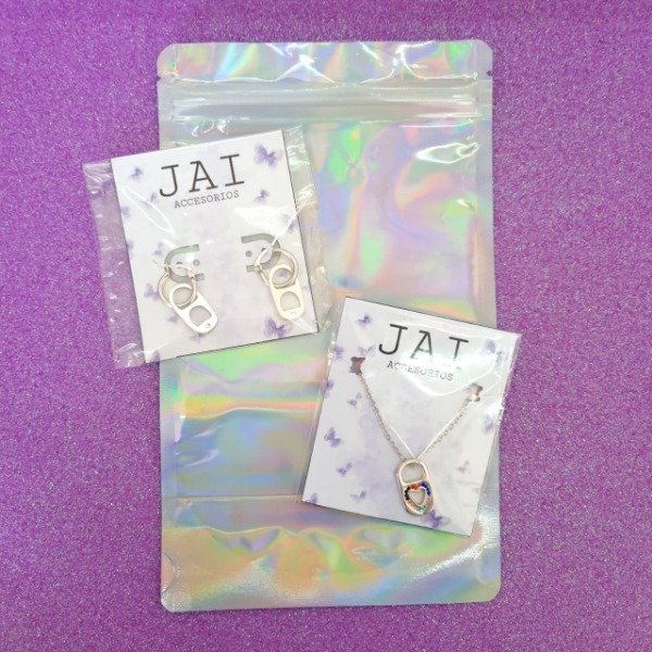 Producto - Set x2 collar y argollas de acero blanco con chapitas