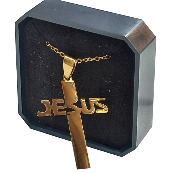 Producto - PROMO Dije Cruz Jesús Cadena De Acero Dorado En Estuche (PACK X2 UNIDADES)