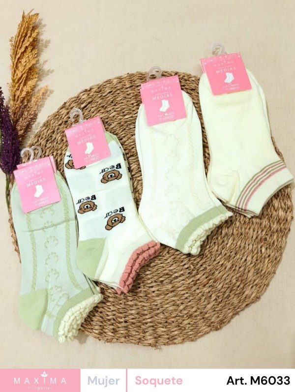 Producto - Art. M6033 - MAXIMA - Docena Soquetes Algodon de Mujer con Diseños Varios
