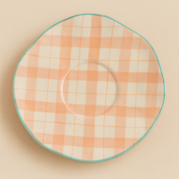 Producto - Taza de Cerámica con Plato Diseño cuadrillé Durazno - 1