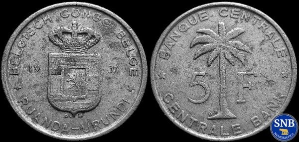 Producto - Congo Belga y Ruanda-Urundi - 5 Francos (1956) KM #3 [VF-]