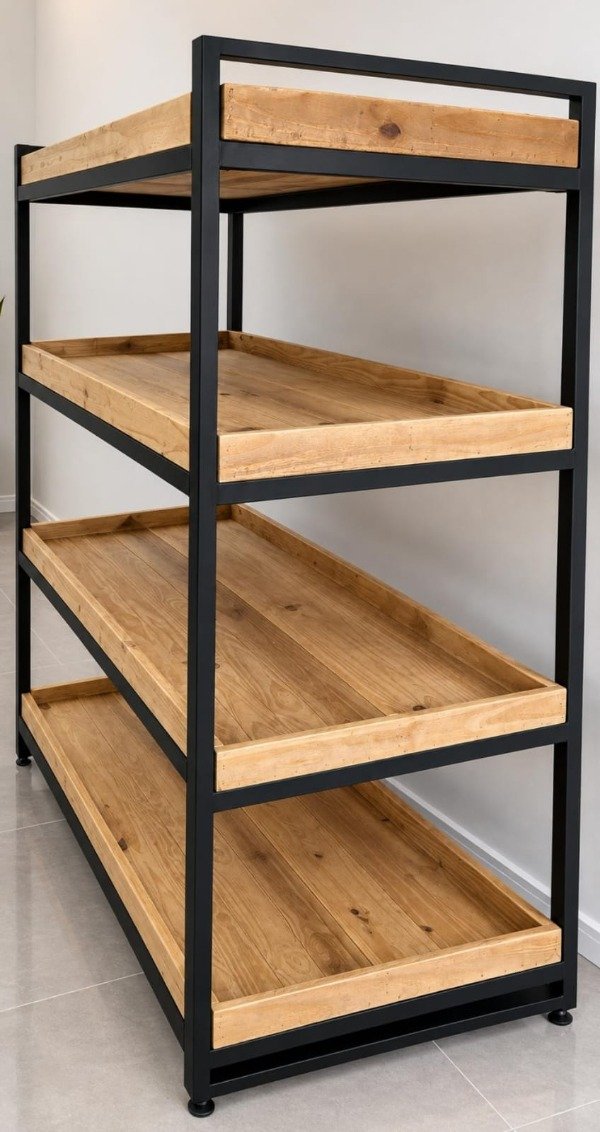 Producto - Gondola central hierro madera con zocalo en estantes 150x60x150