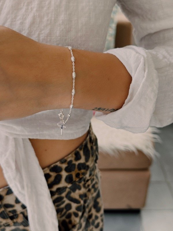 Producto - Pulsera denario bolitas, cruz lisa