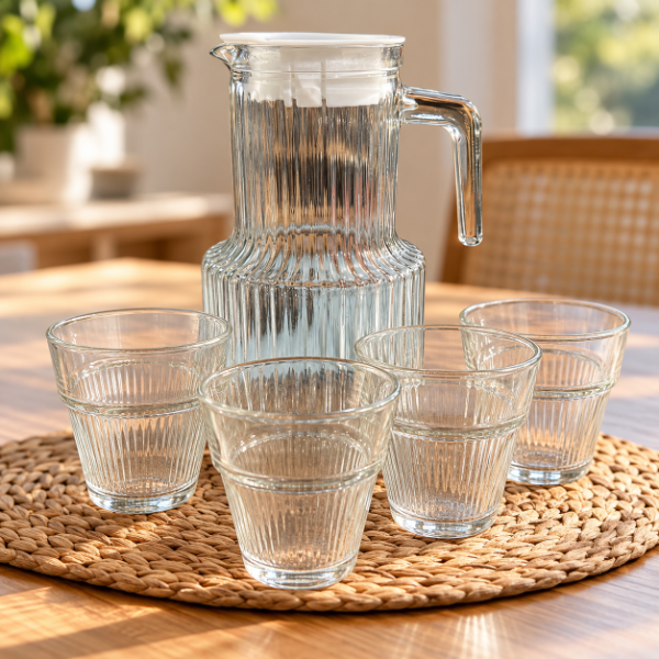 Producto - SET LUNA DE JARRA ACAMPANADA CON 4 VASOS DE VIDRIO EN CAJA