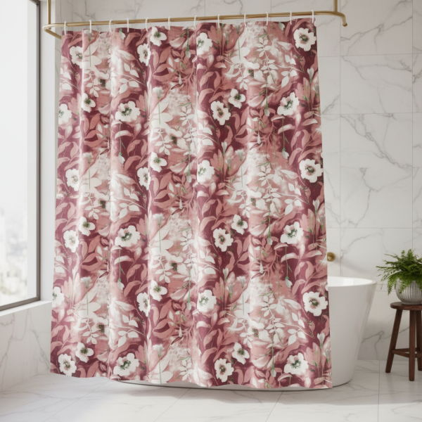 Producto - Cortina para Baño de Raso Teflonada Estampada + Ganchos "Borravino Floreada"