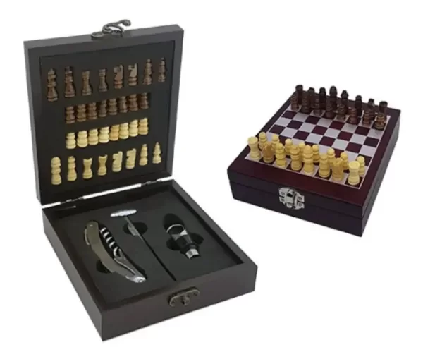 Producto - Set De Vino Con Juego Ajedrez Caja Madera Sacacorchos