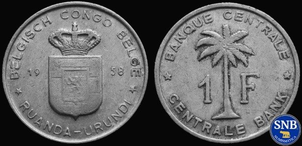 Producto - Congo Belga y Ruanda-Urundi - 1 Franco (1958) KM #4 [VF-]