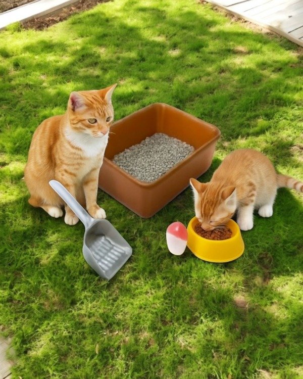 Producto - Kit Sanitario para Gatos con 1 Bandeja, 1 Comedero, 1 Pala y 1 Juguete
