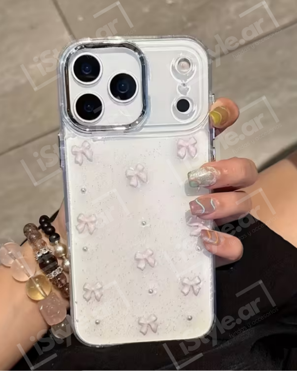 Producto - Case clear moñitos pink