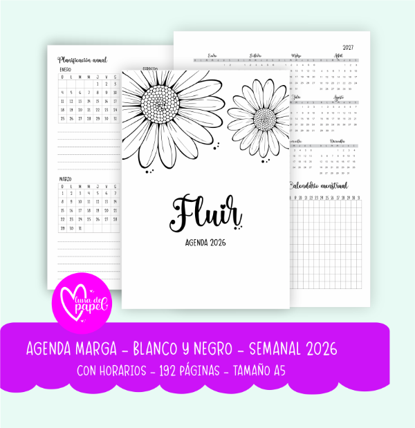 Producto - AGENDA MARGA BLANCO Y NEGRO 2026 SEMANAL CON HORARIOS