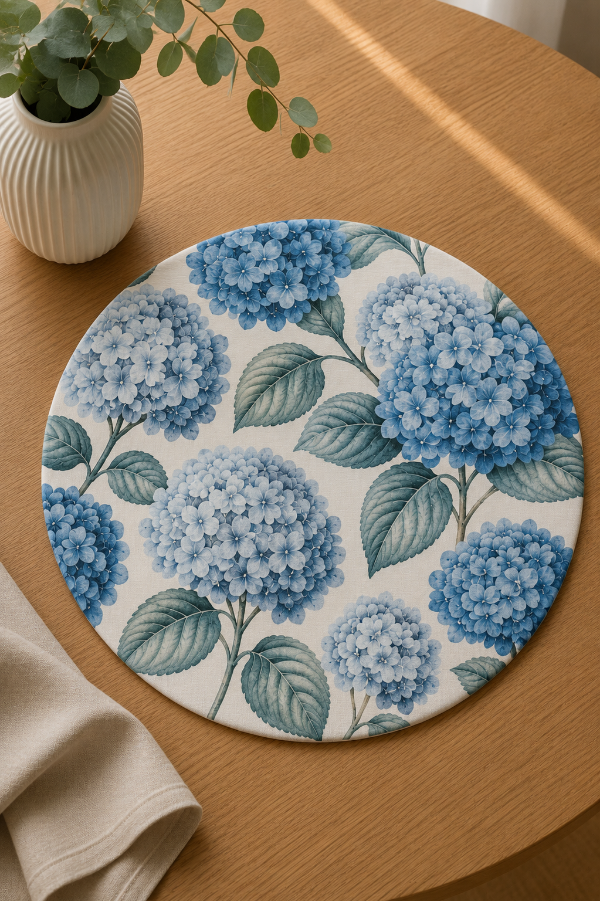 Producto - Plato de Sitio Antimancha Hortensia Azul