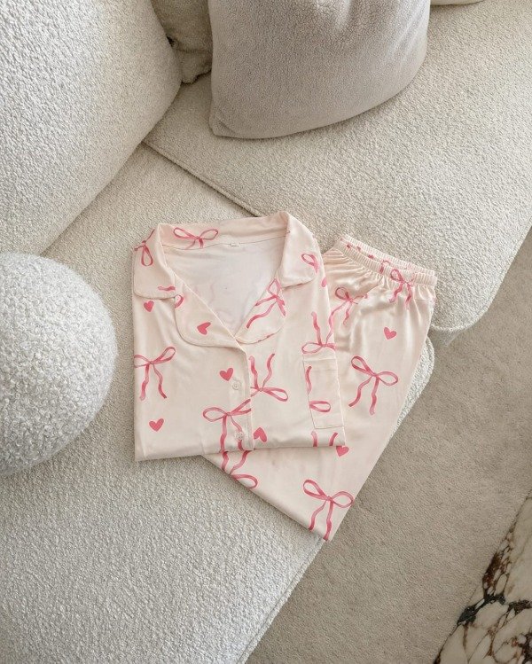Producto - Pijama camisero largo - Blanco con moños rosa