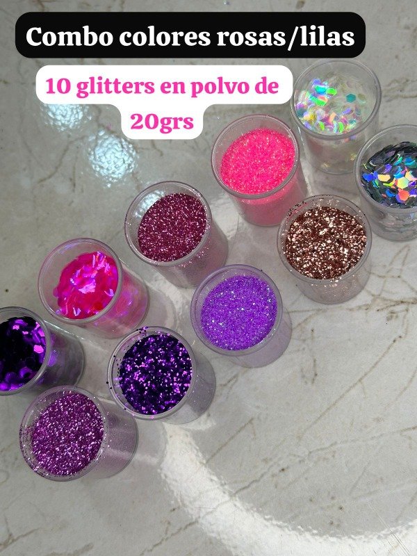Producto - Combo 10 glitters en polvo rosados y lilas