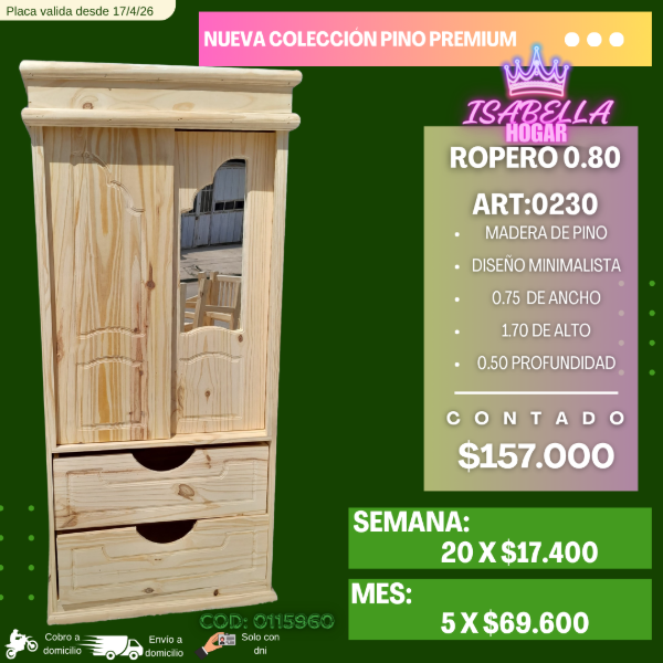Producto - ROPERO DE PINO 0.80 COD:092 CON ESPEJO